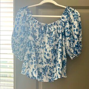 Abercrombie & Fitch Blue Floral Off Shoulder Top | Ruched | Puff Sleeve | S